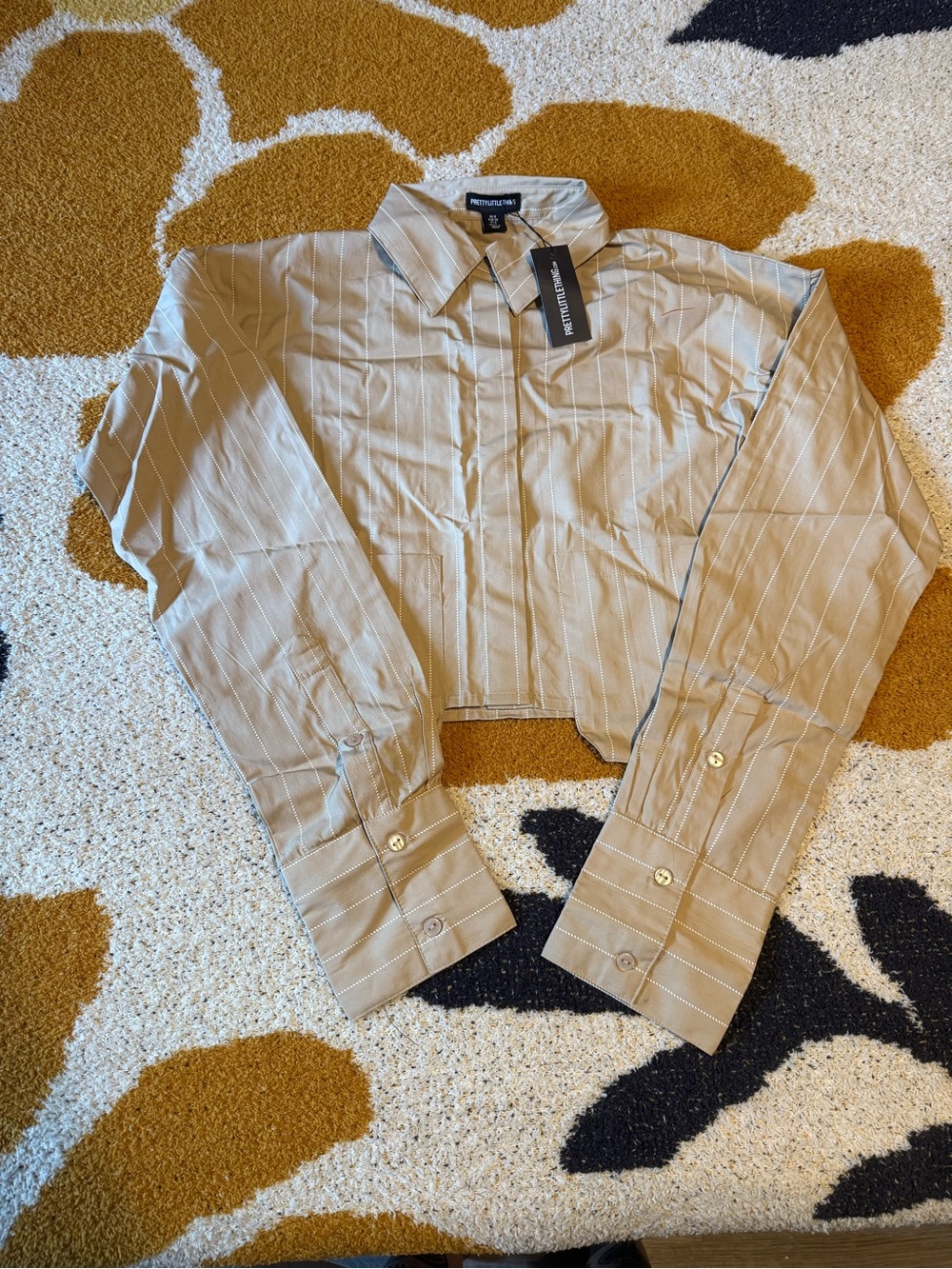PrettyLittleThing Beige Pinstripe Cropped Shirt